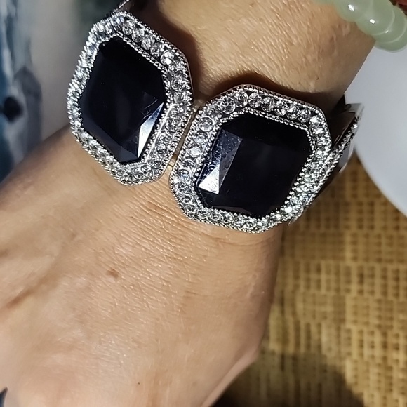 Statement Bracelet Silver and Black Stretch - Picture 5 of 6